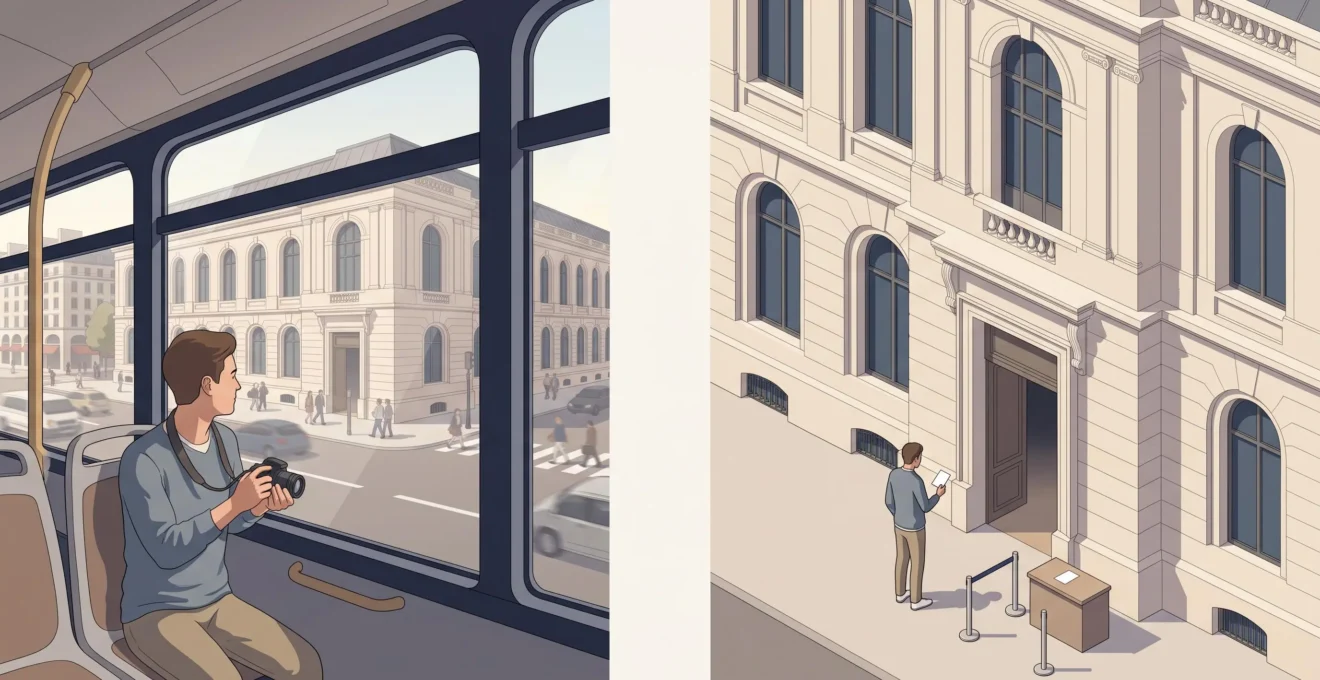 Two distinct sightseeing experiences: passing a landmark from a bus and entering an attraction