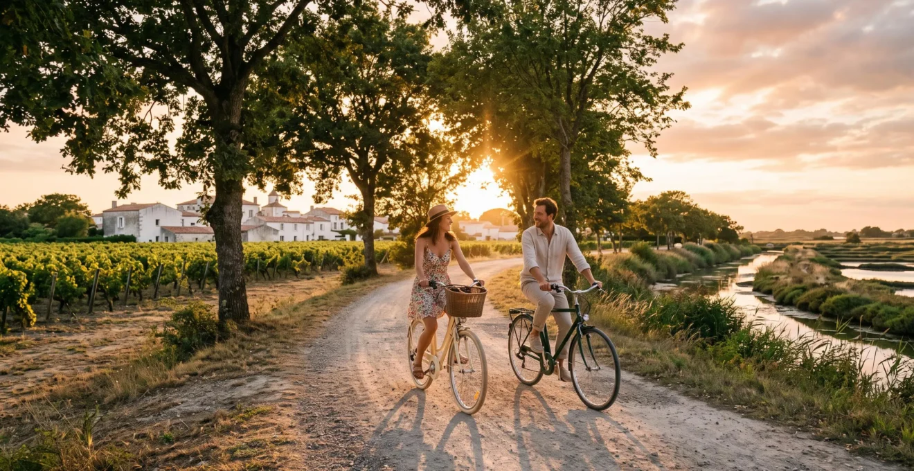A couple cycles along a tree-lined lane between vineyards and marshes at sunset.