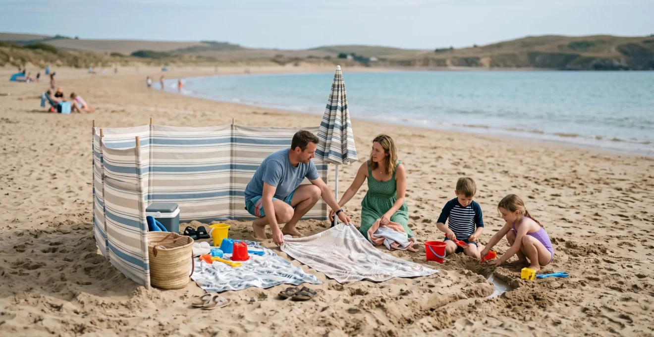 A family sets up towels and a parasol on a wide sandy beach in the morning.