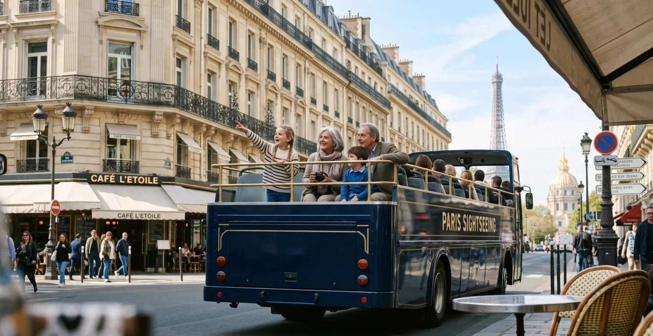 Family on an open-top sightseeing bus enjoying central Paris landmarks
