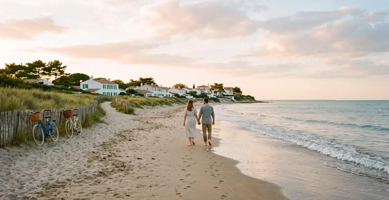 A couple walks along a quiet sandy beach with bicycles parked near the dunes.