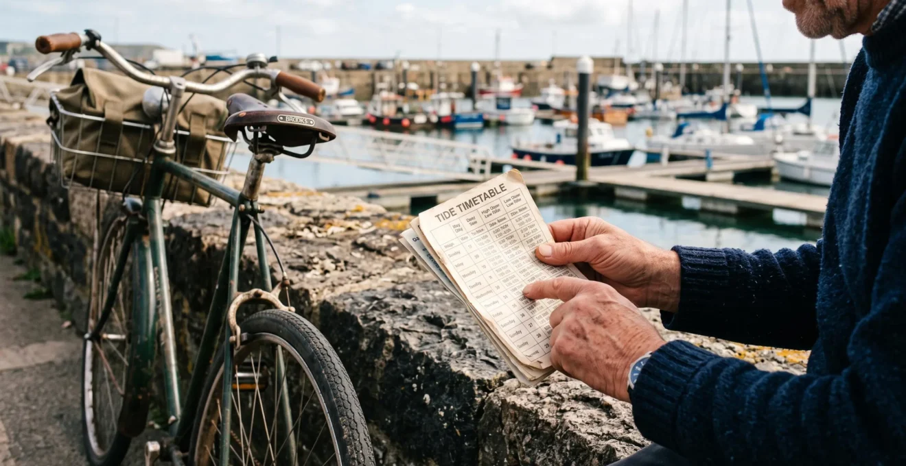 A person checks a tide timetable while sitting on a seawall next to a bicycle.